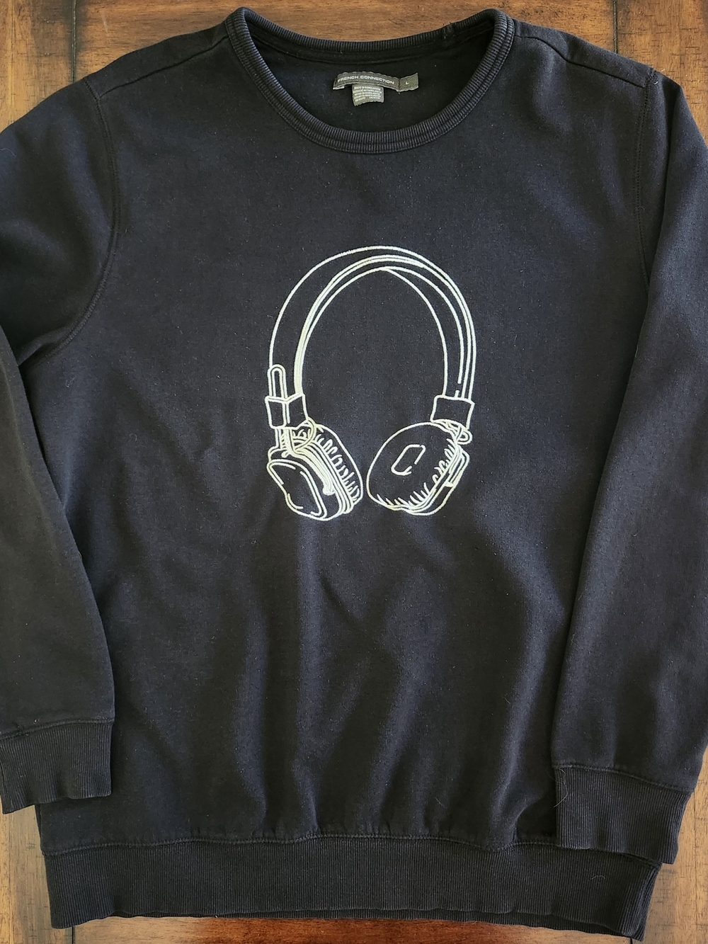 French Connection Black Sweatshirt with White Headphone Graphic Men's Large